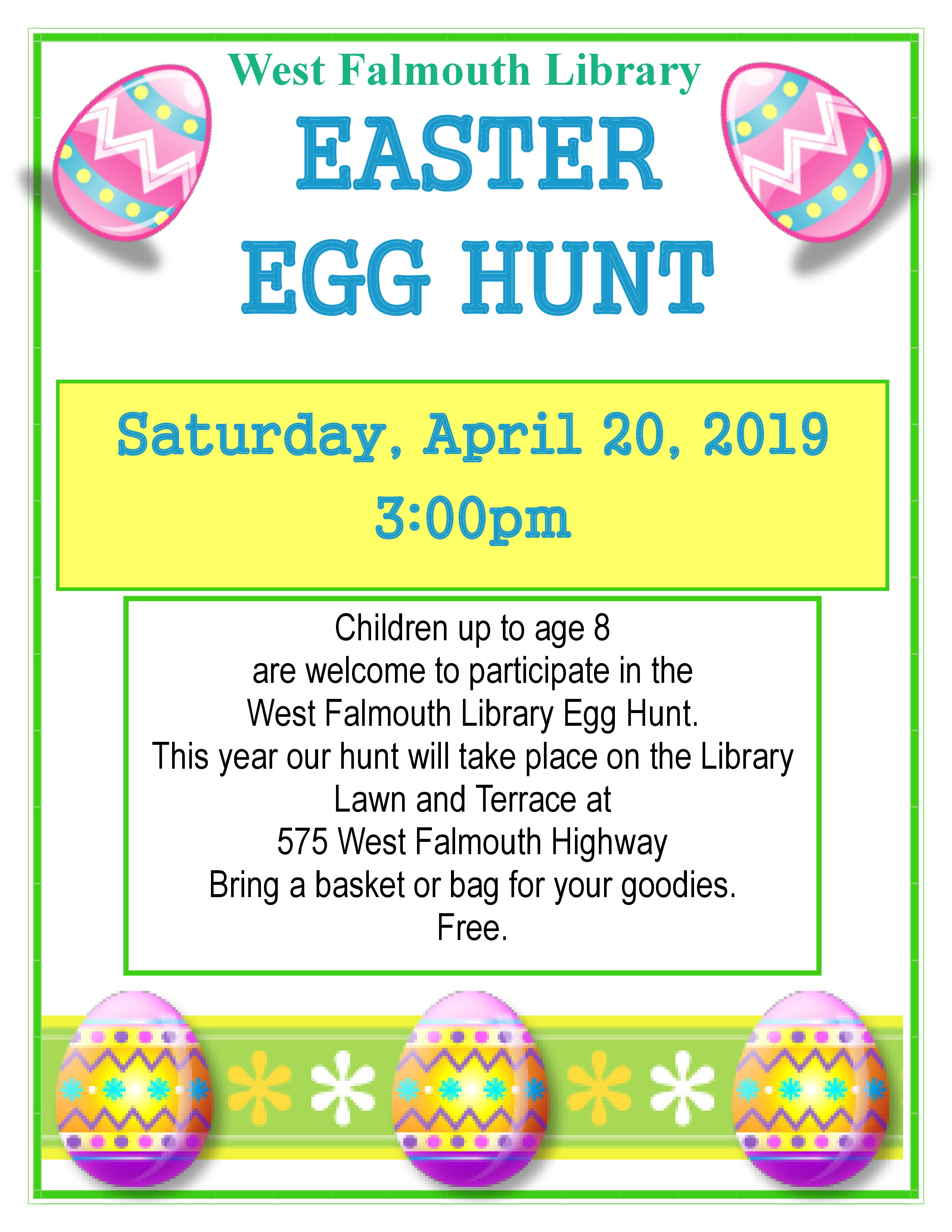 Easter Egg Hunt 2019 event flyerpage0 West Falmouth Library