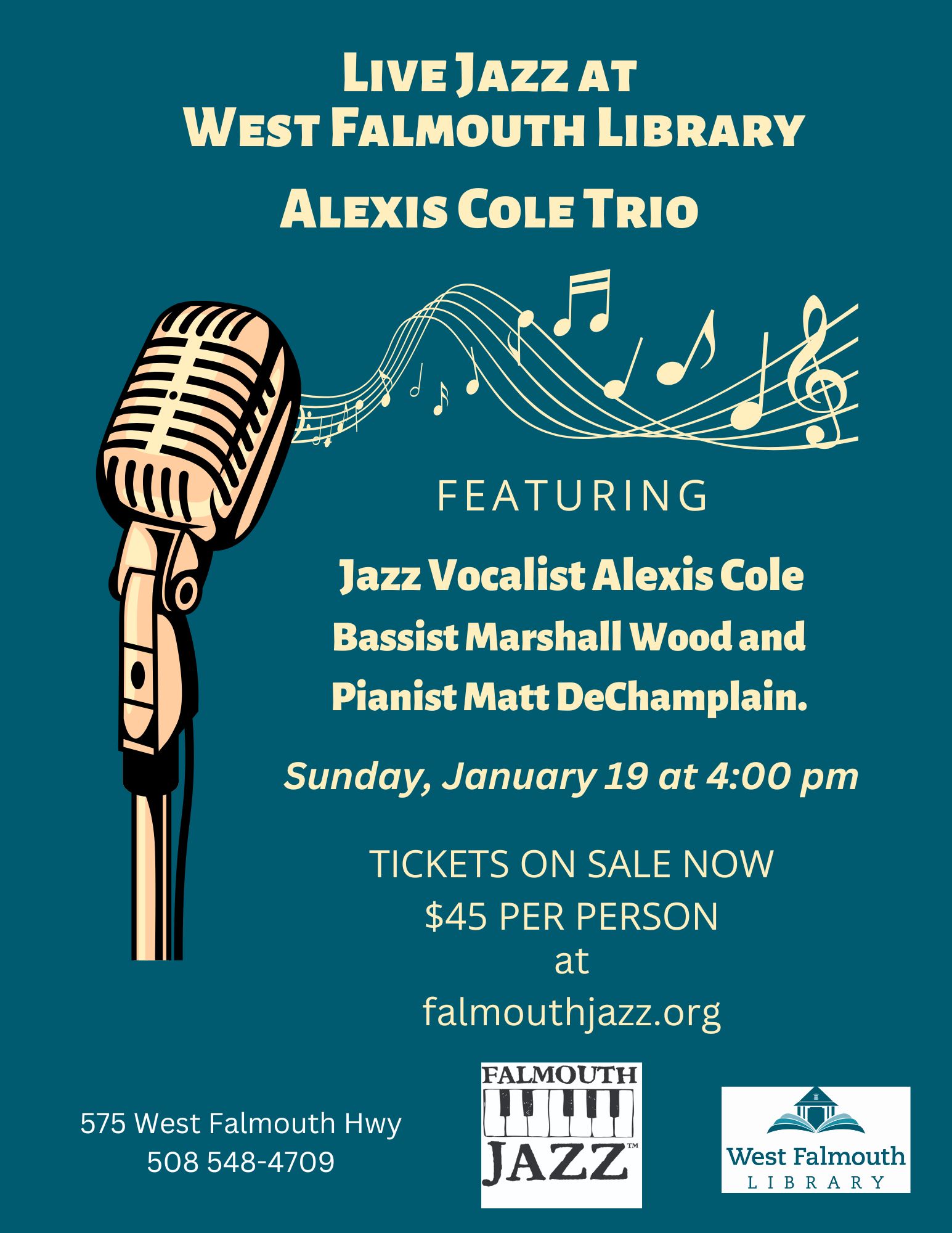 Poster for 1/19/25 jazz concert for Alexis Cole Trio at West Falmouth Library