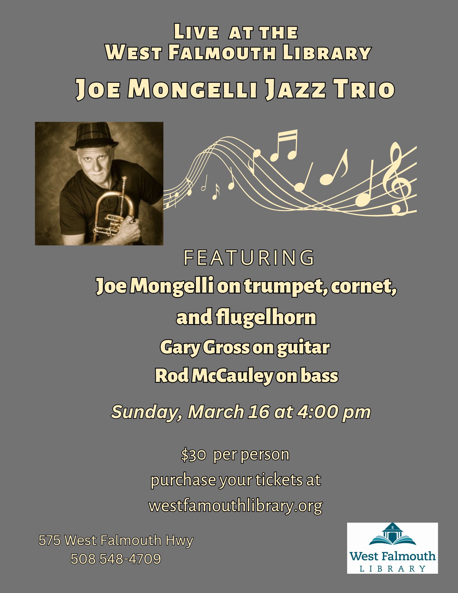 flyer for 3/16/25 Joe Mongelli Jazz Trio concert at West Falmouth Library